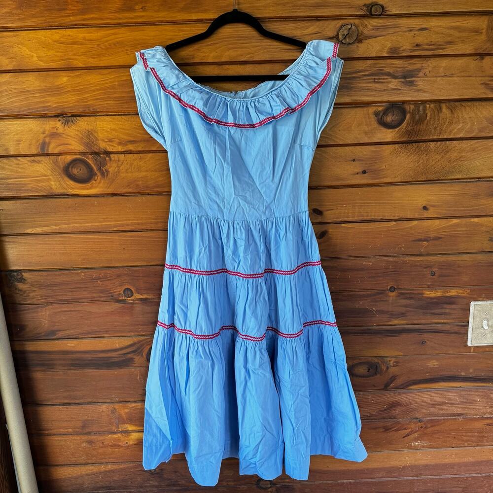 VINTAGE |  Handmade Blue Cotton Poplin Rick Rack Trim Fit & Flare Dress XS